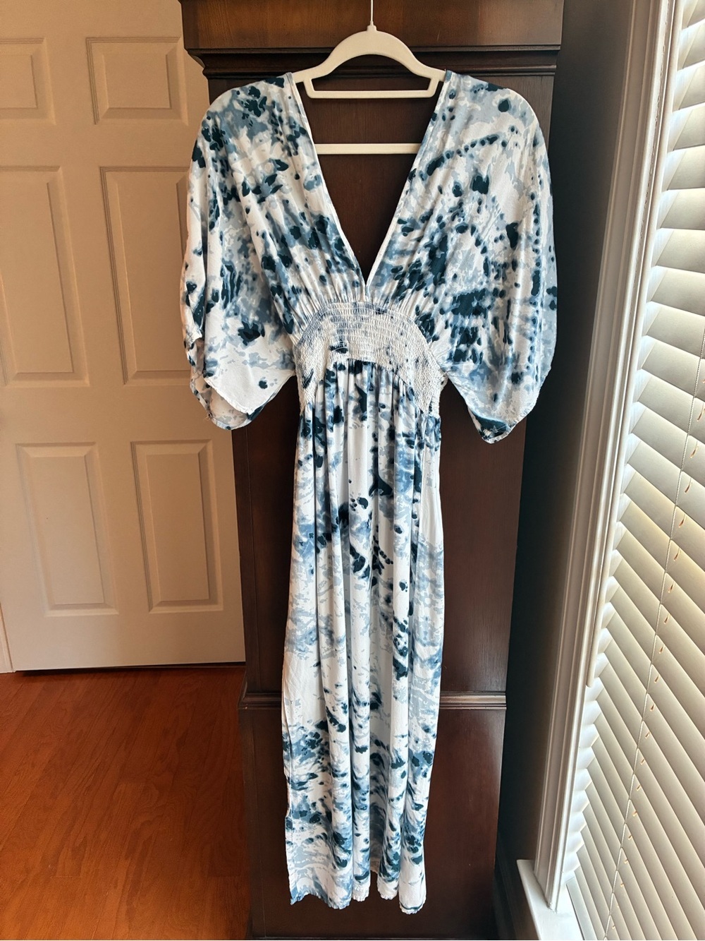 Japna Blue & White Watercolor Smocked Maxi Dress | Boho Empire Waist - Picture 2 of 7